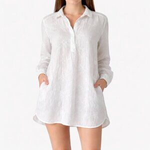 CP Shades Teton Tunic White Linen Floral Embroidered Long Sleeve Top Size S